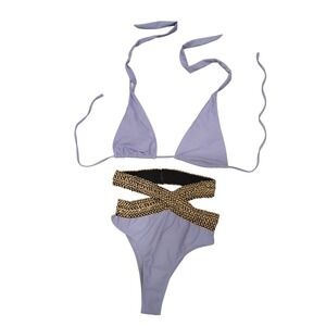 Lavender Purple Sequin Criss Cross High Waist Bikini Set Triangle Top Size M